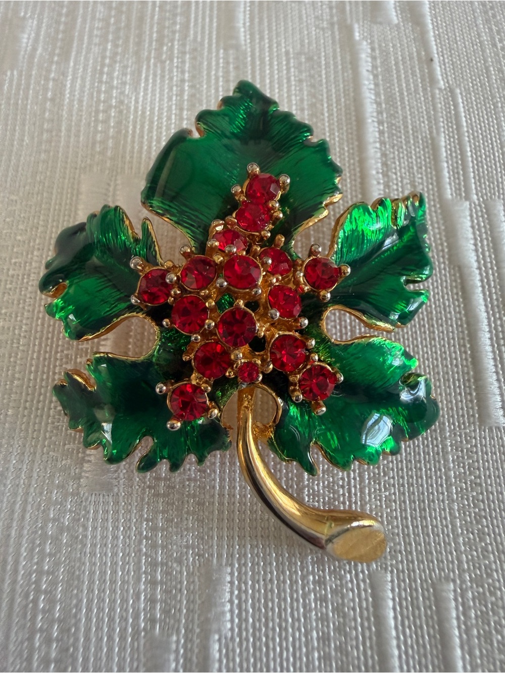 Vintage Green Metallic Enamel Leaf Brooch with Red Crystal Cluster